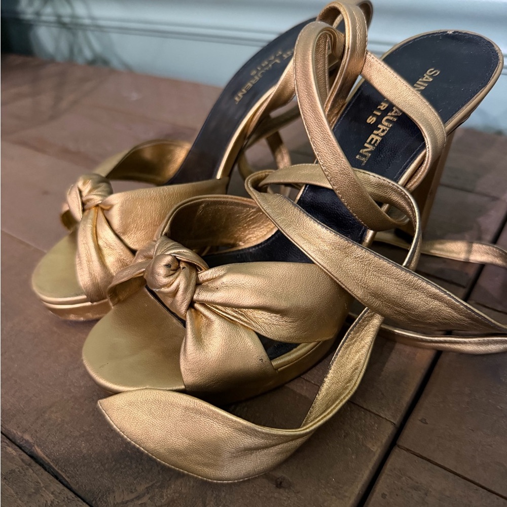 Saint Laurent Gold Foil Leather Knotted Platform Ankle Wrap Sandals